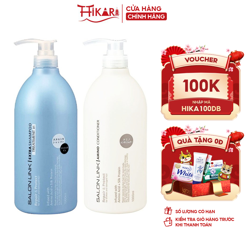 Cặp Dầu Gội Và Dầu Xả Siêu Dưỡng Mượt Tóc Kumano Salon Link Salonlink Extra Treatment Shampoo 1000ml (Xanh Trời X Trắng