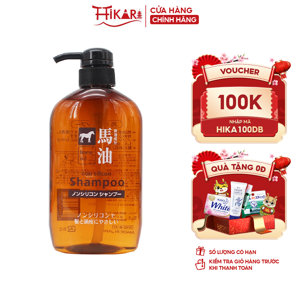 Dầu gội mỡ ngựa Kumano Horse Oil Non Silicon Shampoo 600ml dưỡng tóc bóng mượt