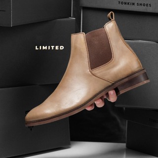 Giày chelsea boot nam  cao cổ màu nâu camel , giày da bò thật cổ lửng thương hiệu TONKIN