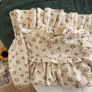 (Sẵn) Váy Babydoll Thu Đông Cổ Bèo Họa Tiết Hoa Nhí Màu Be Phong Cách Hàn Quốc Cho Bé Gái