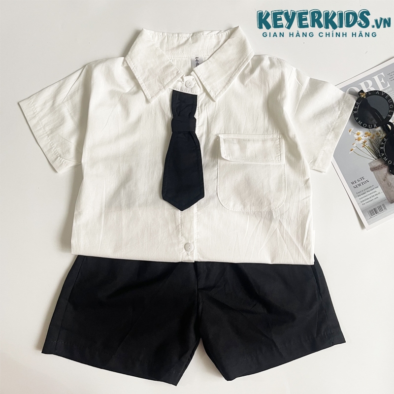 Set Bộ Sơ Mi Soái Ca Cho Bé Trai KEYER KIDS, Áo Sơ Mi Có Túi Chất Thô Phong Cách Hàn Quần Short Kaki Mềm SM08