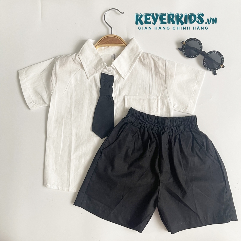 Set Bộ Sơ Mi Soái Ca Cho Bé Trai KEYER KIDS, Áo Sơ Mi Có Túi Chất Thô Phong Cách Hàn Quần Short Kaki Mềm SM08