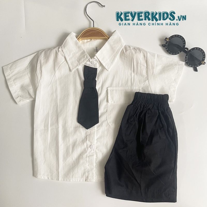 Set Bộ Sơ Mi Soái Ca Cho Bé Trai KEYER KIDS, Áo Sơ Mi Có Túi Chất Thô Phong Cách Hàn Quần Short Kaki Mềm SM08