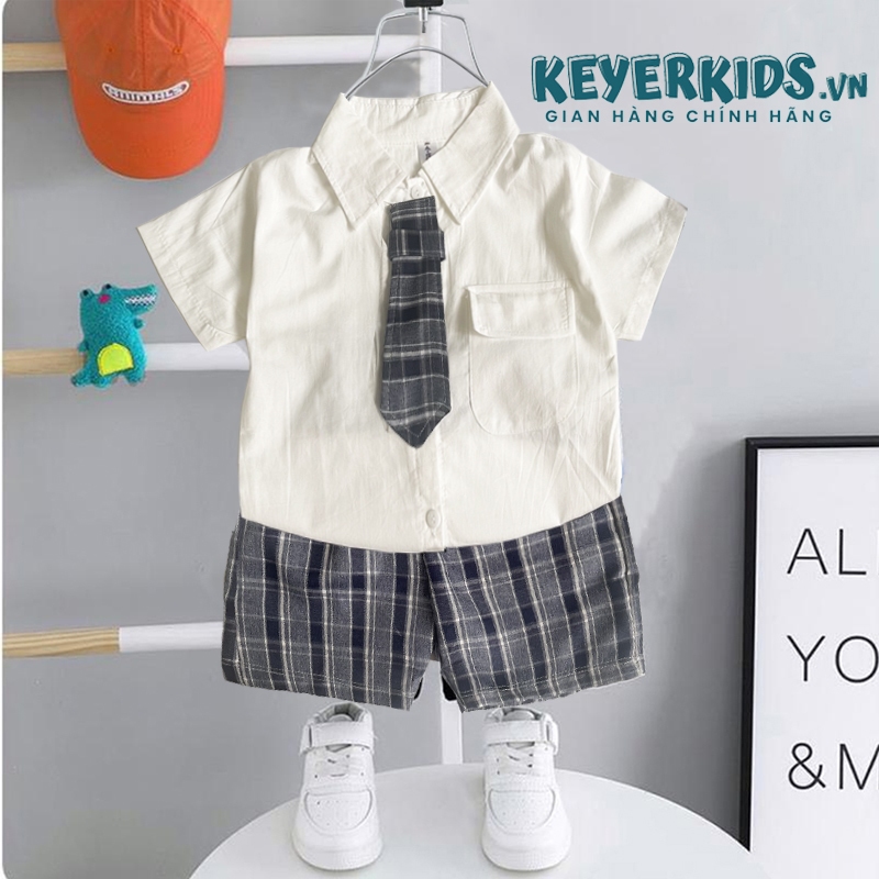 Set Bộ Sơ Mi Kèm Cà Vạt Bé Trai KEYER KIDS, Áo Sơ Mi Có Túi  Chất Vải Thô Hàn Phối Quần Short Sọc Caro SM09