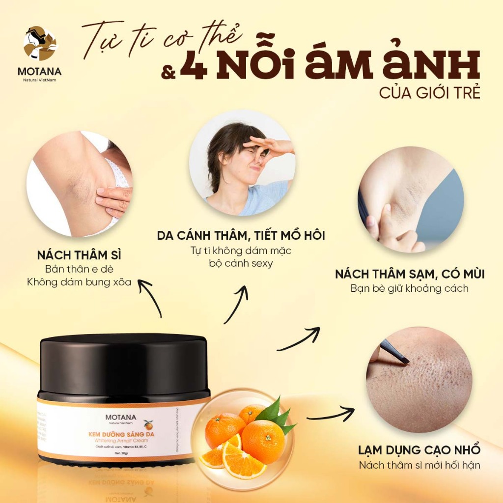 Kem giảm thâm nách Motana 20gr, kem thâm nách, kem nách, thâm mông, đầu gối, khuỷa tay làm sáng da và đều màu