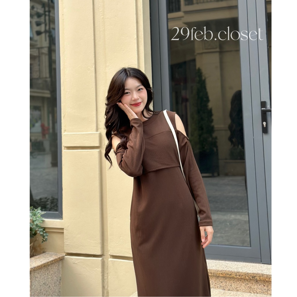 Váy Xinh Trễ Vai Vạt Lửng Cách Điệu Nữ 29feb.closet Dài Tay Dáng Suông Mùa Thu Đông - V164