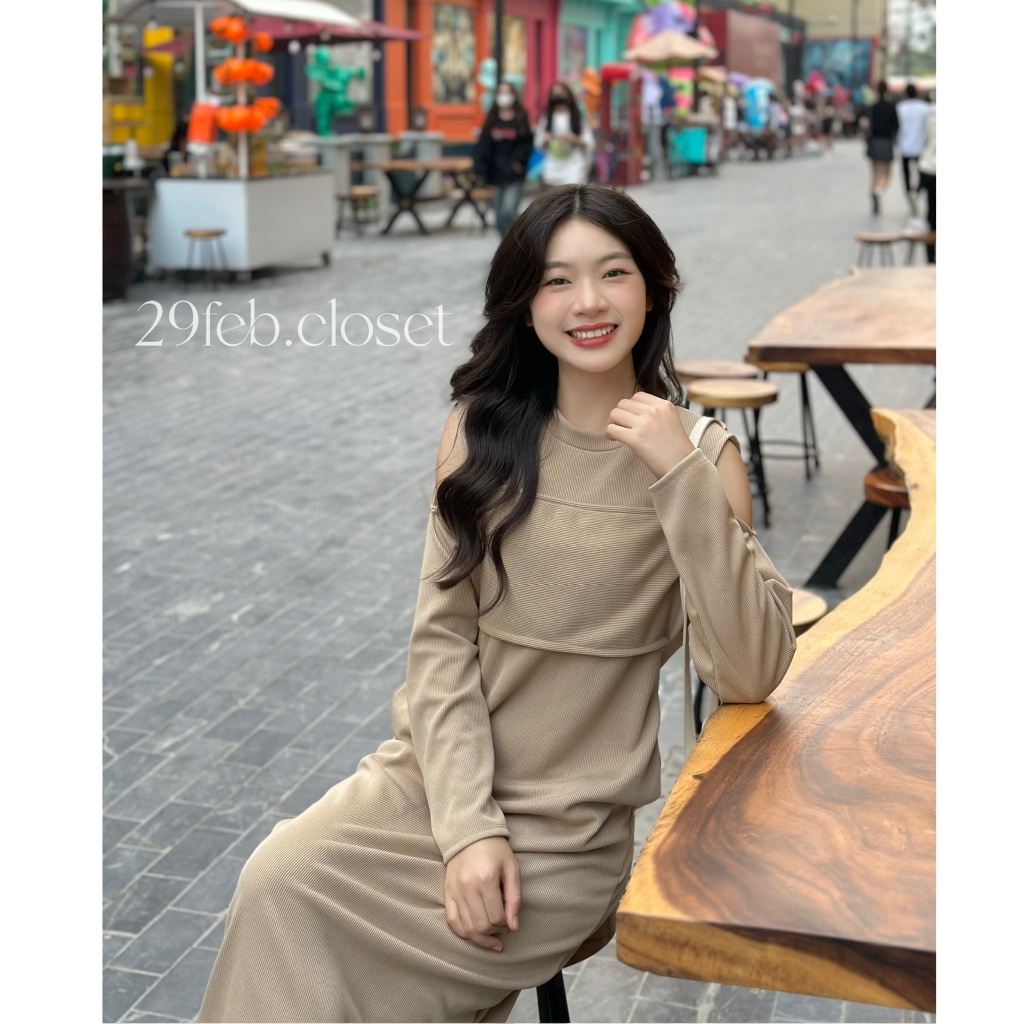Váy Xinh Trễ Vai Vạt Lửng Cách Điệu Nữ 29feb.closet Dài Tay Dáng Suông Mùa Thu Đông - V164