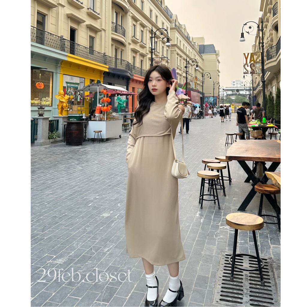 Váy Xinh Trễ Vai Vạt Lửng Cách Điệu Nữ 29feb.closet Dài Tay Dáng Suông Mùa Thu Đông - V164