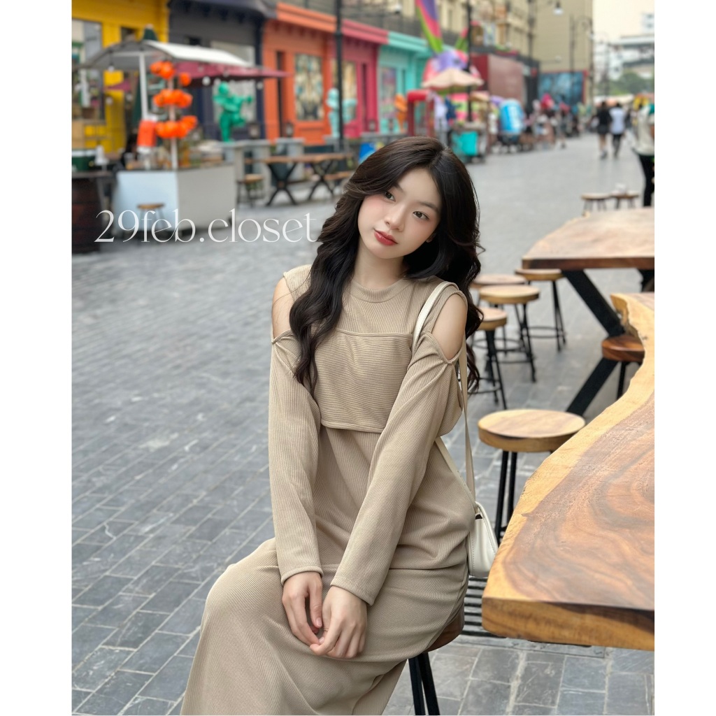 Váy Xinh Trễ Vai Vạt Lửng Cách Điệu Nữ 29feb.closet Dài Tay Dáng Suông Mùa Thu Đông - V164