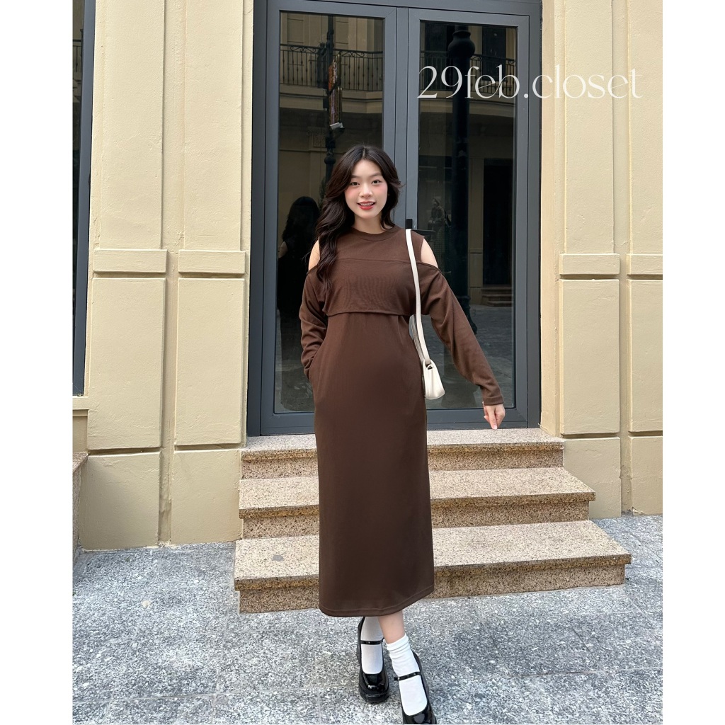 Váy Xinh Trễ Vai Vạt Lửng Cách Điệu Nữ 29feb.closet Dài Tay Dáng Suông Mùa Thu Đông - V164