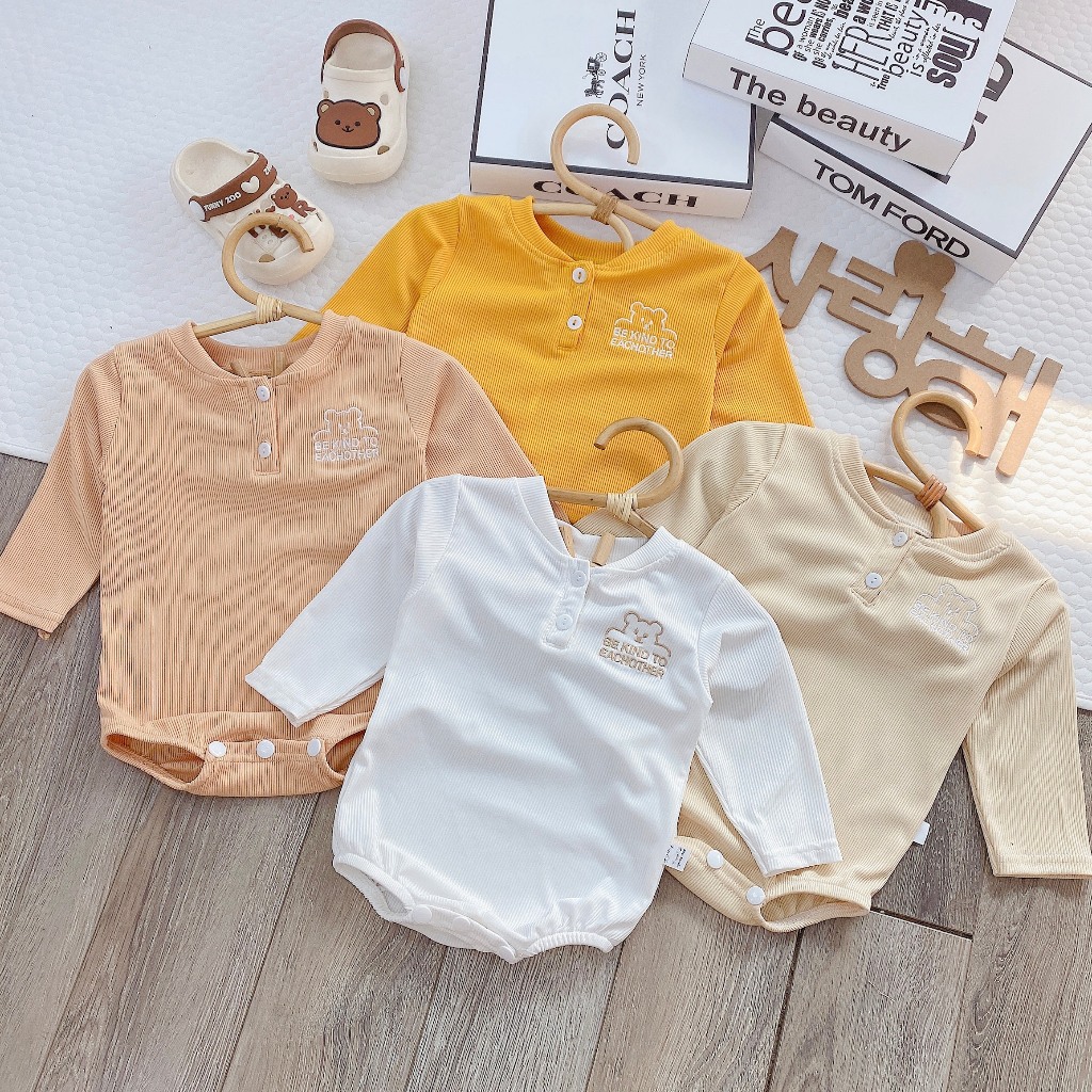Body dài tay tăm lạnh cổ tàu, 4 màu trơn hình thêu xinh xắn cho bé trai bé gái