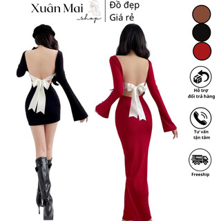 SẴN MÚT Đầm ôm body nữ tay loa hở lưng cột nơ form ngắn form dài nhiều màu đen đỏ nâu mặc Noel, lễ Tết, đi tiệc đi chơi