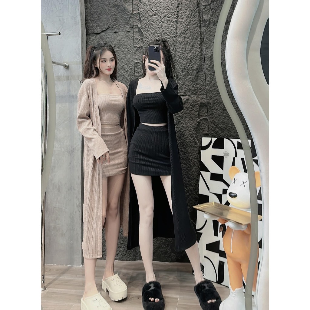 Set đầm 2 dây len tăm kèm áo khoác dáng dài siêu đẹp - thun gân