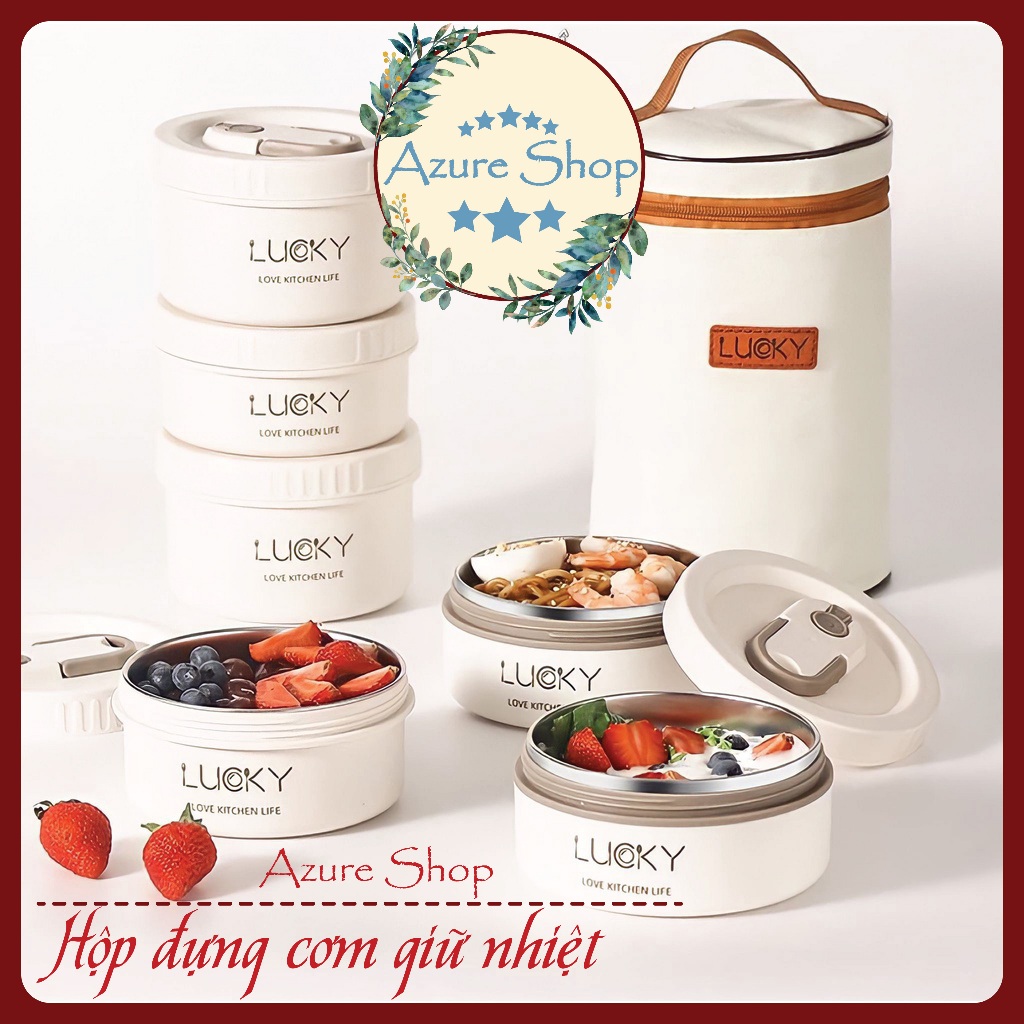 Hộp cơm giữ nhiệt văn phòng 3 tầng kèm bộ thìa đũa thiết kế dễ thương Lucky