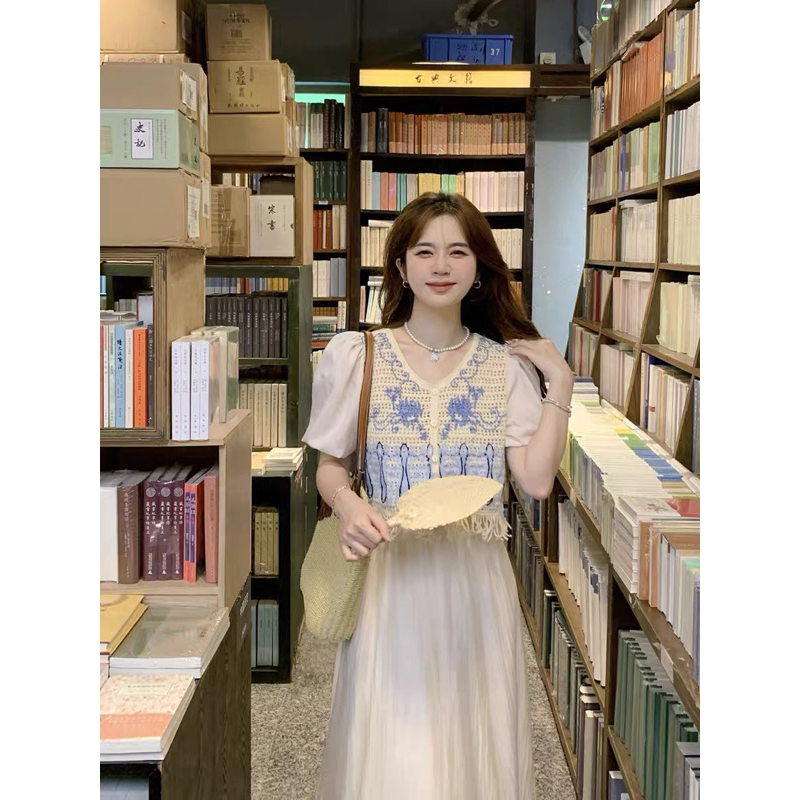 V284 Set áo len hoa xanh + chân váy dài tiểu thư nhẹ nhàng thu đông phong cách Pháp Retro Vintage Taobao mới 2023