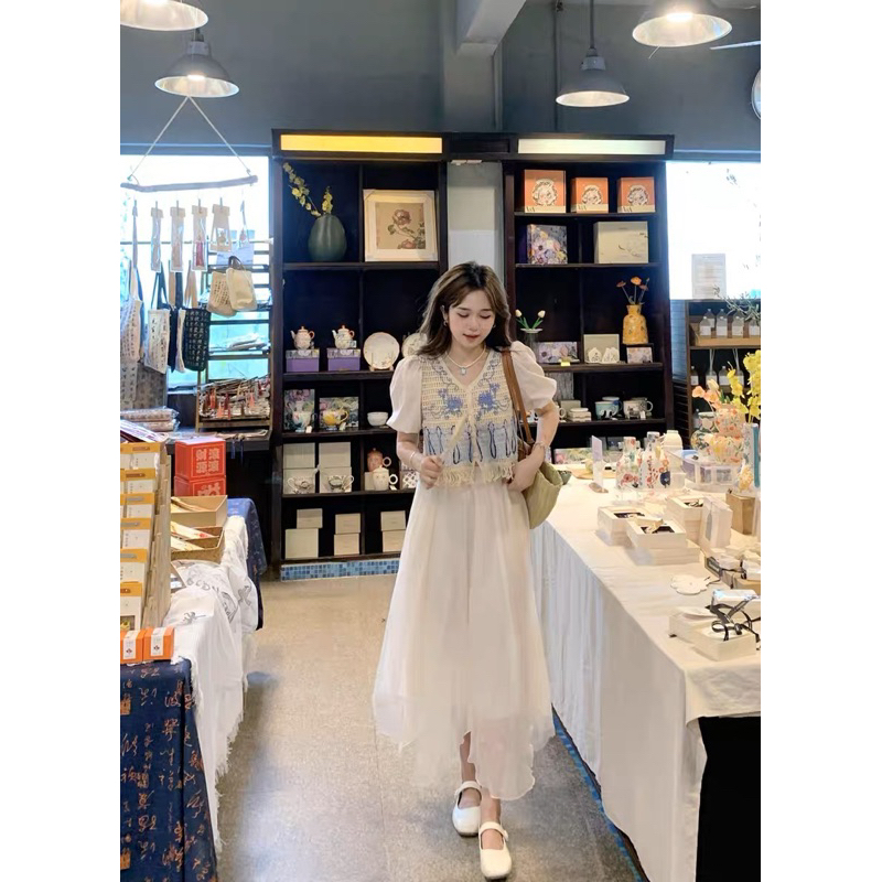 V284 Set áo len hoa xanh + chân váy dài tiểu thư nhẹ nhàng thu đông phong cách Pháp Retro Vintage Taobao mới 2023