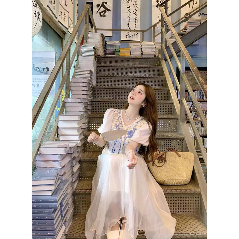 V284 Set áo len hoa xanh + chân váy dài tiểu thư nhẹ nhàng thu đông phong cách Pháp Retro Vintage Taobao mới 2023