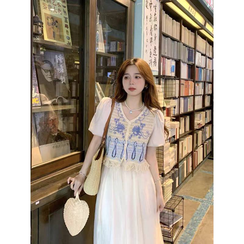 V284 Set áo len hoa xanh + chân váy dài tiểu thư nhẹ nhàng thu đông phong cách Pháp Retro Vintage Taobao mới 2023