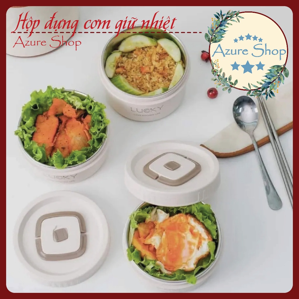 Hộp cơm giữ nhiệt văn phòng 3 tầng kèm bộ thìa đũa thiết kế dễ thương Lucky