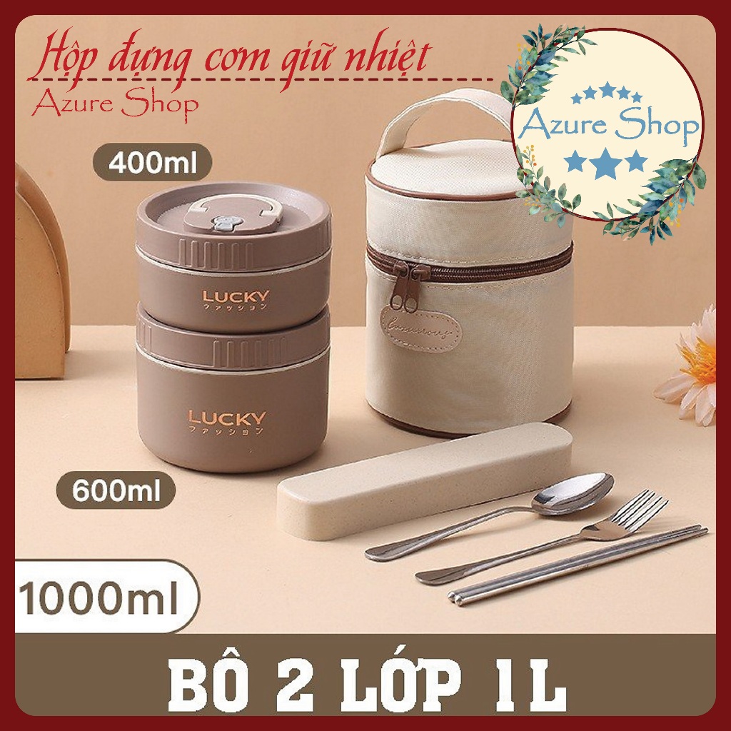 Hộp cơm giữ nhiệt văn phòng 3 tầng kèm bộ thìa đũa thiết kế dễ thương Lucky