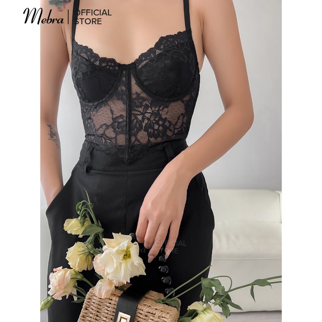 Áo bra corset ren nữ có gọng nâng có kèm mút lắp rời cup chéo có 3 xương chống cuộn tạo eo cá tính gợi cảm Mebra