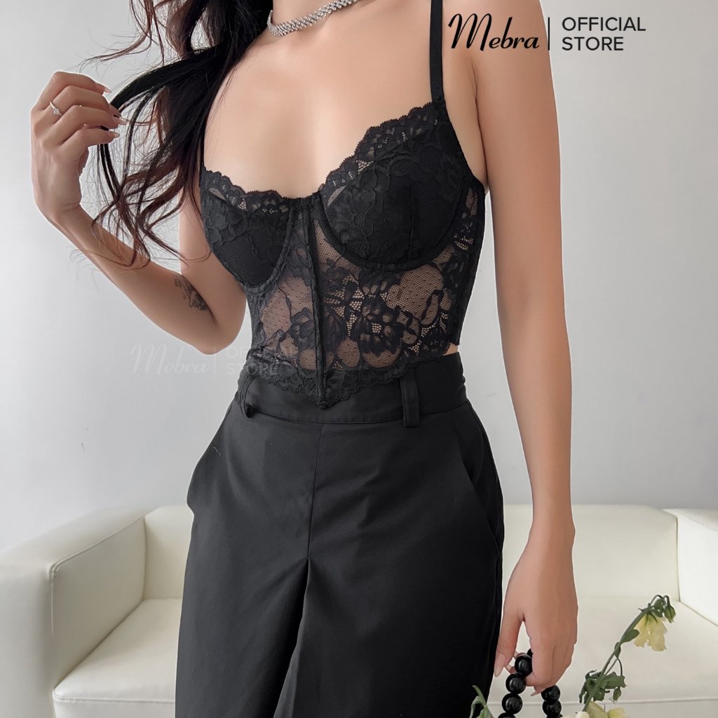 Áo bra ren corset có gọng có mút nâng nhẹ Mebra đen trắng sang chảnh tiểu thư cao cấp mặc cùng blazer khoác ngoài Mebra