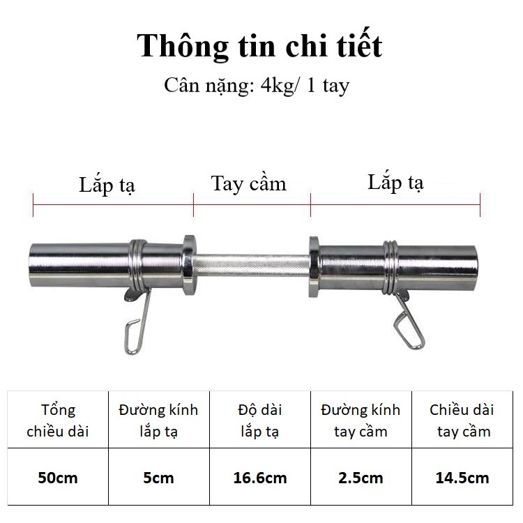 Đòn Tạ Tay 50cm Chất Liệu Inox Phi 50mm Chính Hãng Đại Nam Sport (1 Tay) + Tặng Kèm Khóa Chốt