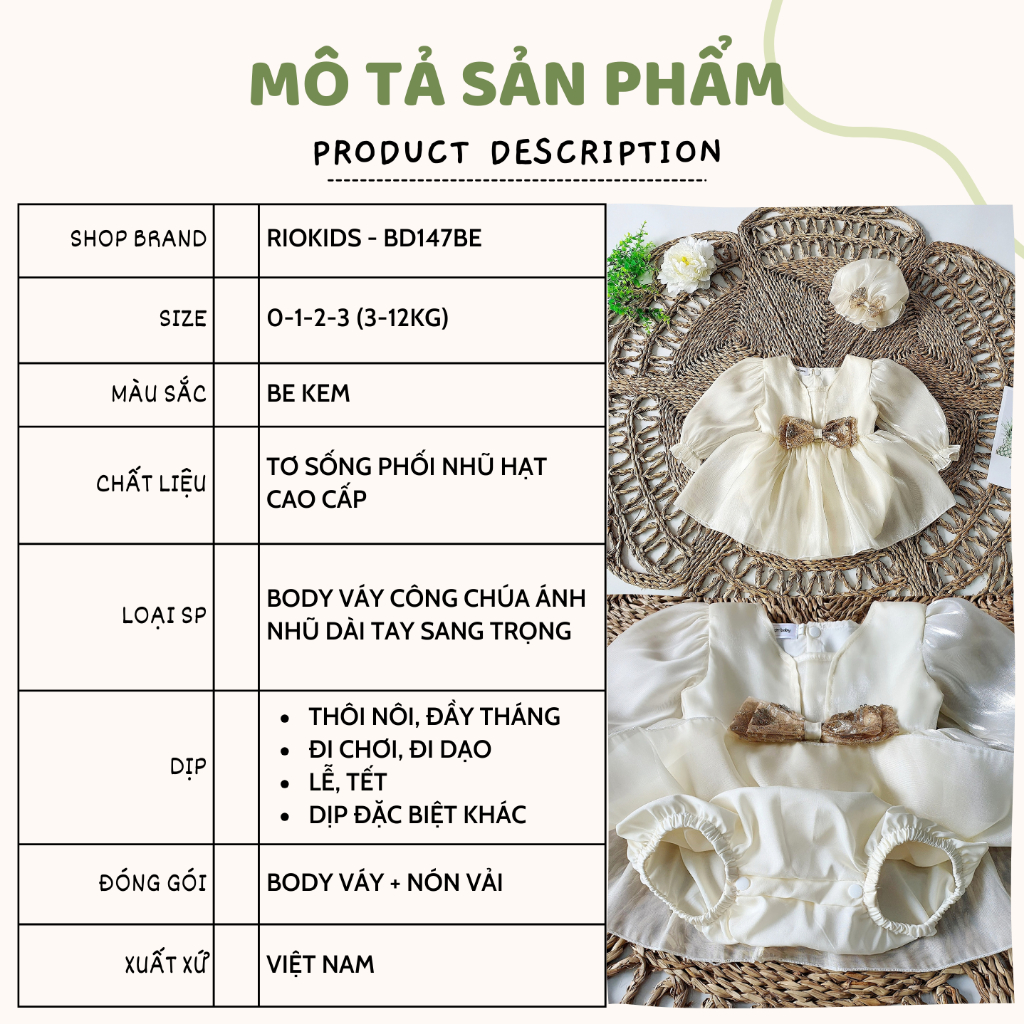 Body váy công chúa ánh nhũ RIOKIDS cho bé gái sơ sinh đi chơi, tiệc thôi nôi đầy tháng BD147