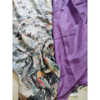 Vải linen Tưng tơ hoạ tiết chim hạc, Tưng washed Màu Khoai môn sữa
