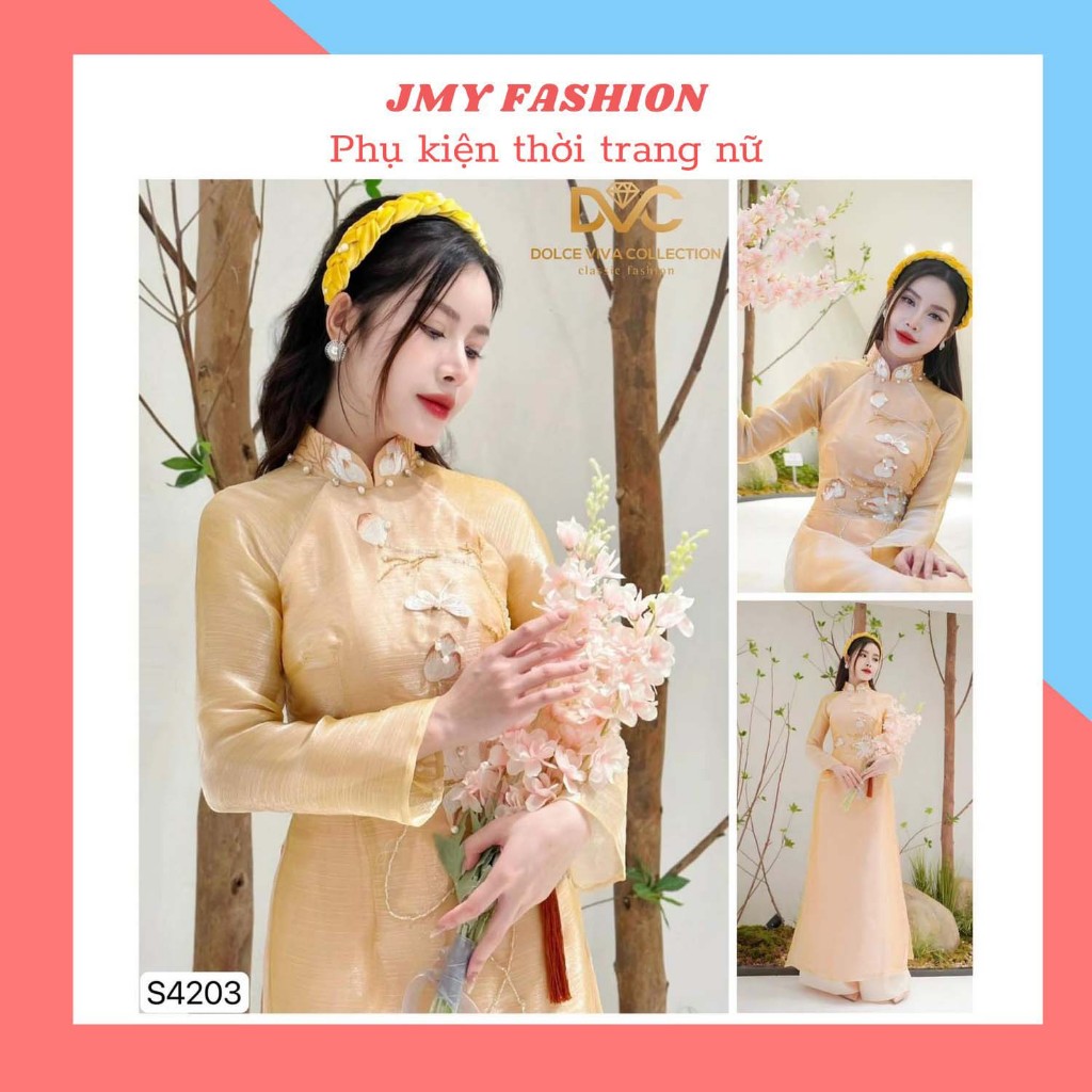 S4203 Set áo dài be thuê hoa cao cấp  áo dài Tết, họa tiết hoa sen tay dài nữ tính