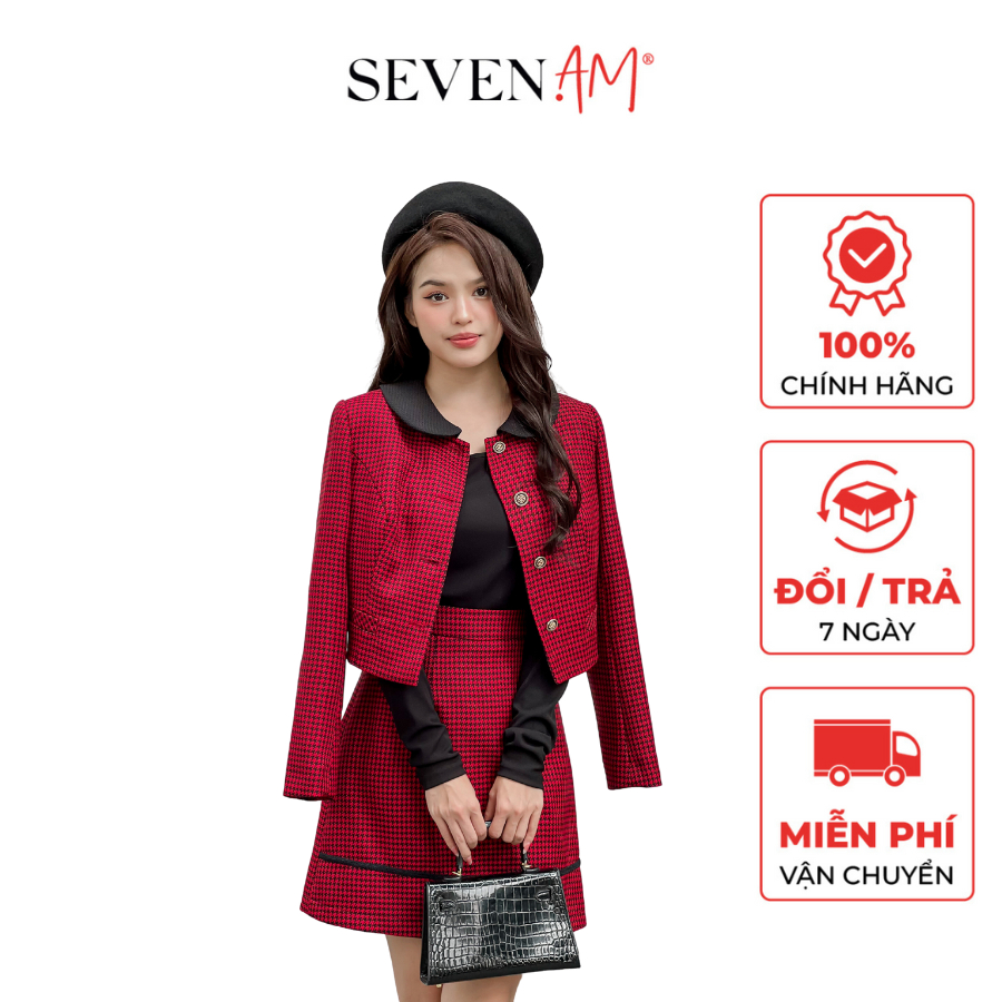 Áo khoác dạ lửng tay dài đỏ cổ tròn thời trang nữ Seven.AM OA0107X