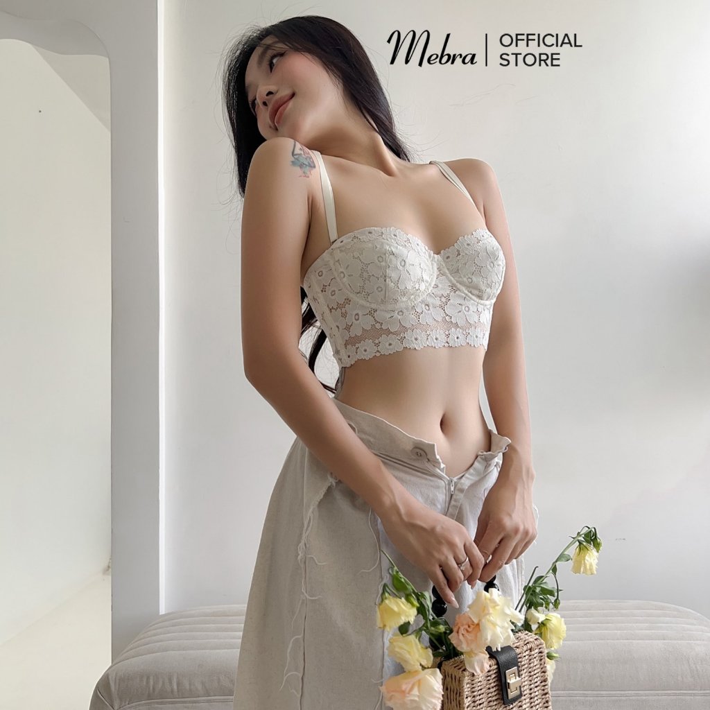 Áo bra quây corset cup ngang có gọng nâng có kèm mút mỏng lắp rời 2 xương eo chống cuộn trắng ngọc ngọt ngào Mebra