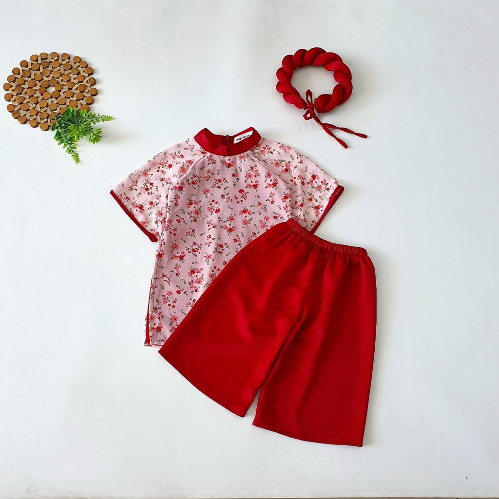 Áo Dài Voan Pháp Hoa Nhí kèm mấm Cho Bé Gái 3-18 Kg ,Chất Mềm Mịn