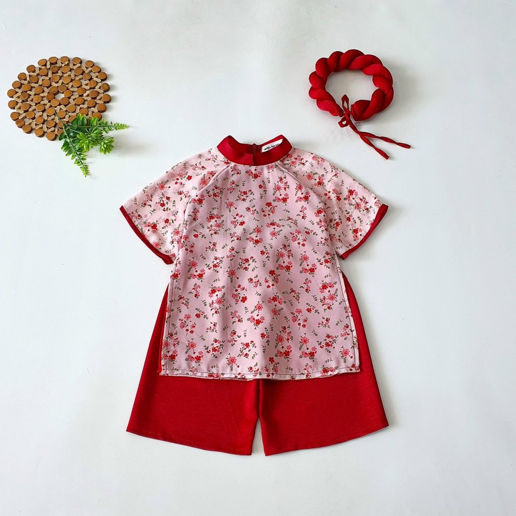 Áo Dài Voan Pháp Hoa Nhí kèm mấm Cho Bé Gái 3-18 Kg ,Chất Mềm Mịn