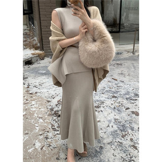 Set đầm váy body đuôi cá len gân cổ lọ và áo khoác cadigan sang trọng cổ điển phong cách tiểu thư hot ulzzang