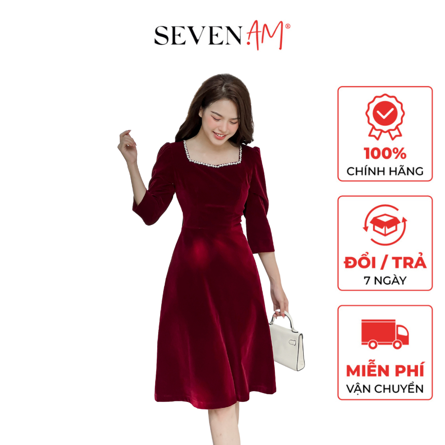 Đầm nhung dáng xòe tay lỡ đỏ cổ vuông thời trang nữ Seven.AM OD0069I