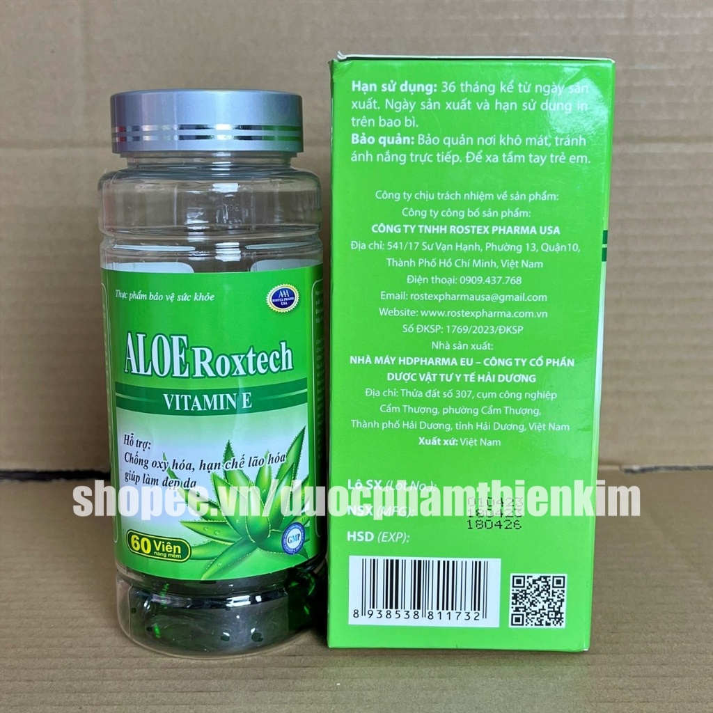 Tinh dầu lô hội Aloe Vera Roxtech bổ sung vitamin e giúp đẹp da, chống lão hoá, trẻ hoá da – Chai 60 viên