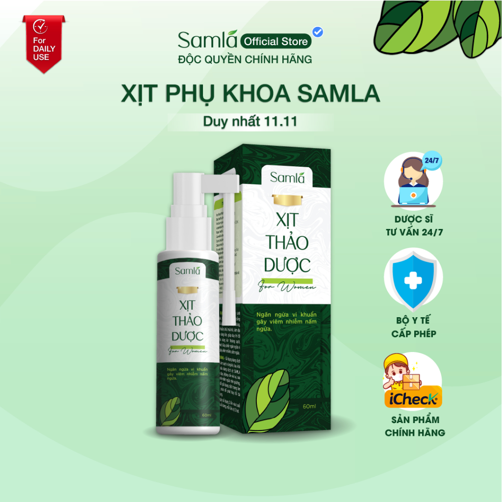 Dung dịch xịt thảo dược, xịt phụ khoa SAMLA 60ml lá nhội đánh bay khí hư, huyết trắng, nấm ngứa, viêm lộ tuyến độ 1,2,3