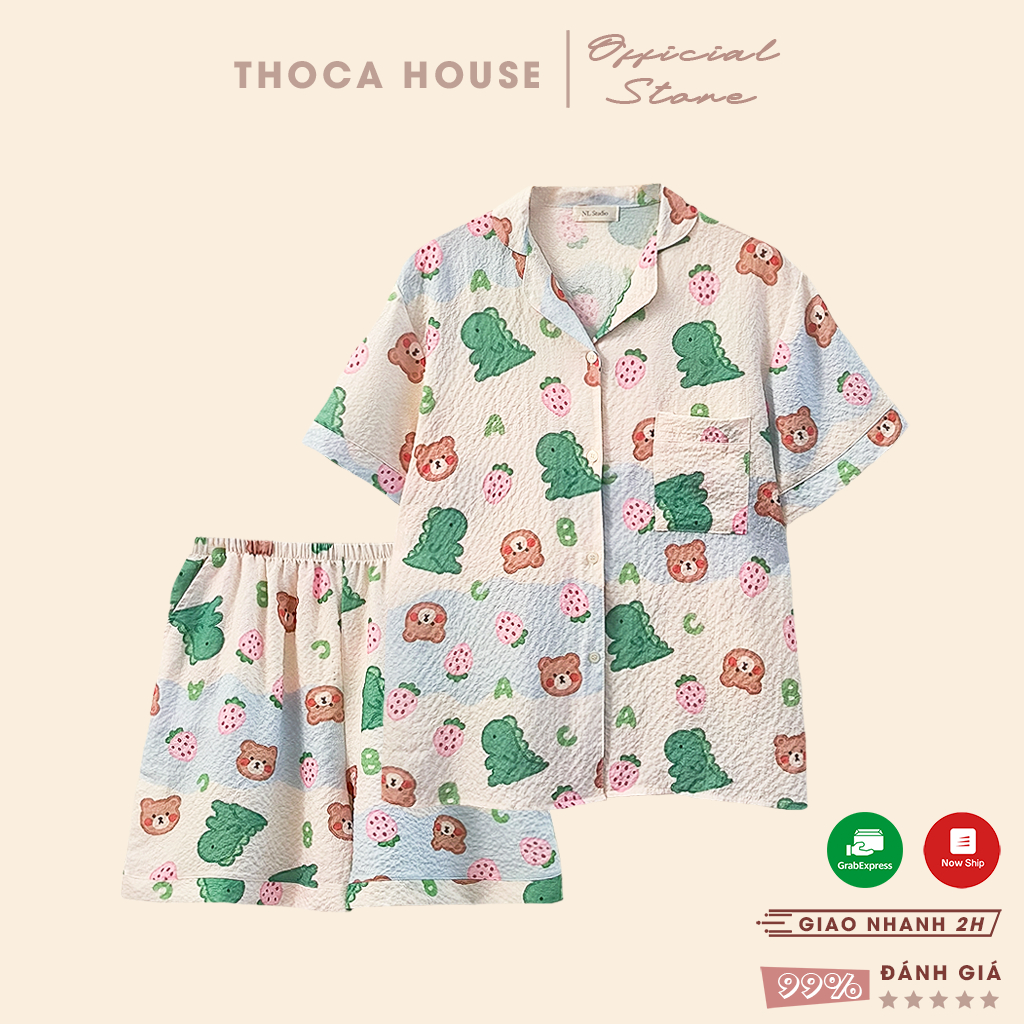 Đồ ngủ pijama mặc nhà tay ngắn đũi hoạ tiết dễ thương THOCA HOUSE bộ ngủ hoạt hình cộc tay quần đùi mát mẻ