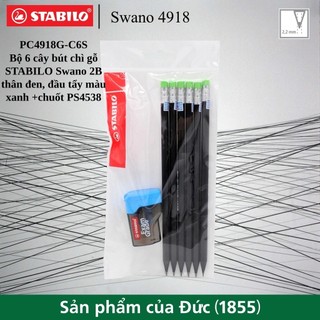 Bộ 6 bút chì gỗ STABILO Swano 2B 4918 (thân đen, đầu tẩy màu)