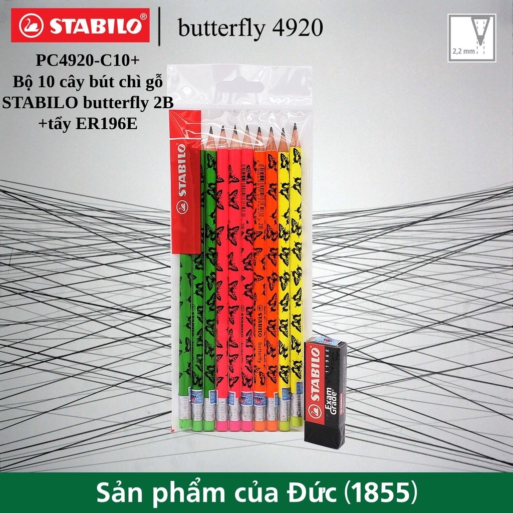 Bộ 10 bút chì gỗ STABILO butterfly 4920 2B (đầu tẩy màu)