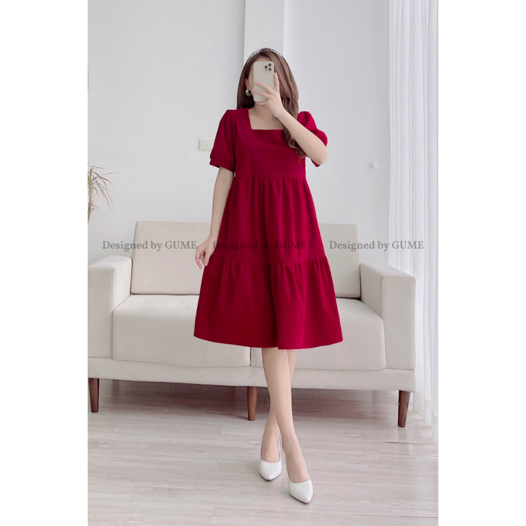Đầm Bầu Công Sở 40-130kg - Váy Bầu GUME - Váy cổ vuông 3 tầng nhung budanh GM062