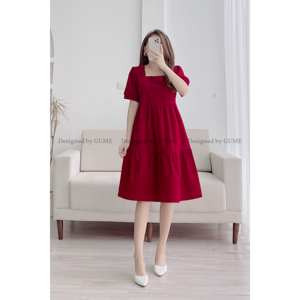 Đầm Bầu Công Sở 40-130kg - Váy Bầu GUME - Váy cổ vuông 3 tầng nhung budanh GM062