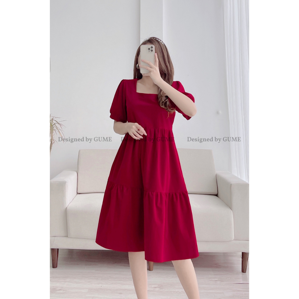 Đầm Bầu Công Sở 40-130kg - Váy Bầu GUME - Váy cổ vuông 3 tầng nhung budanh GM062