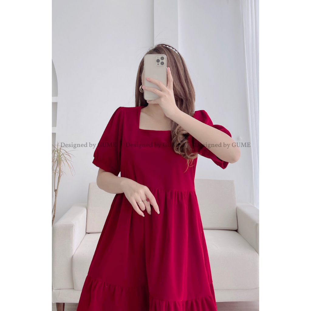 Đầm Bầu Công Sở 40-130kg - Váy Bầu GUME - Váy cổ vuông 3 tầng nhung budanh GM062