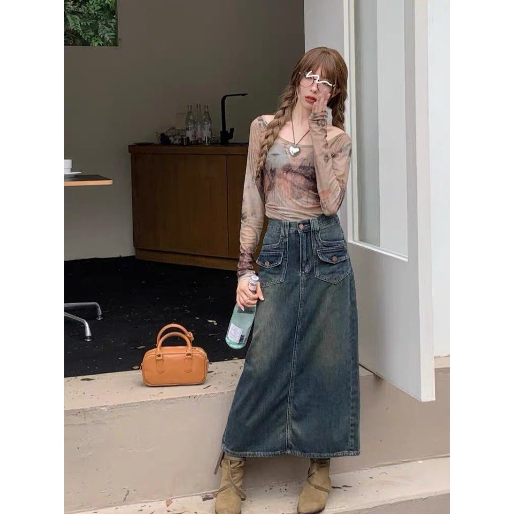 Chân váy denim Chữ a Lưng Cao Có Túi Phong Cách retro - Retrostyle.vn - Cvjean2tui212_P0K27