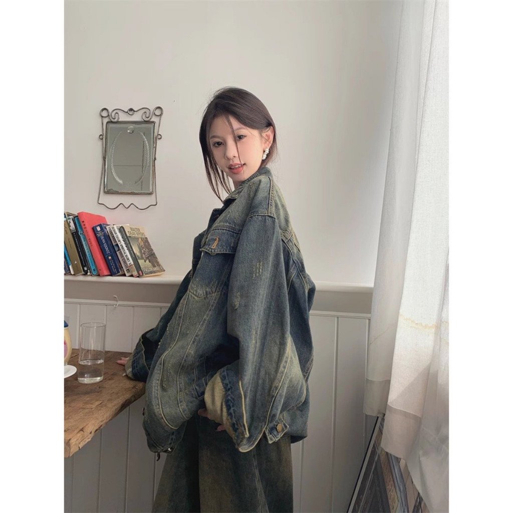 Áo khoác bò denim Unisex màu xanh wash rêu cá tính - Retrostyle.vn