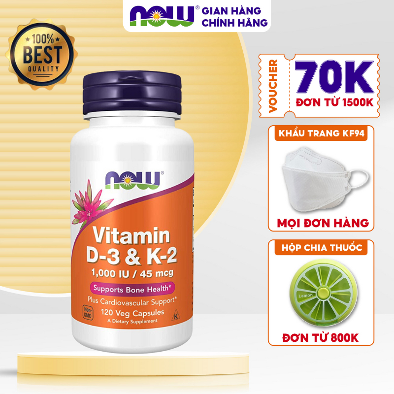 Viên uống hỗ trợ cho xương chắc khỏe Now Vitamin D3 K2 1000 IU 45 mcg của Mỹ 120 viên