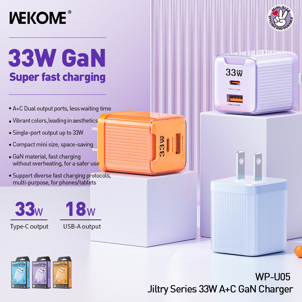 Củ sạc nhanh 33W A+C GaN WEKOME WP-U05 kích thước mini với nhiều màu sắc thời thượng dành cho điện thoại máy tính bảng