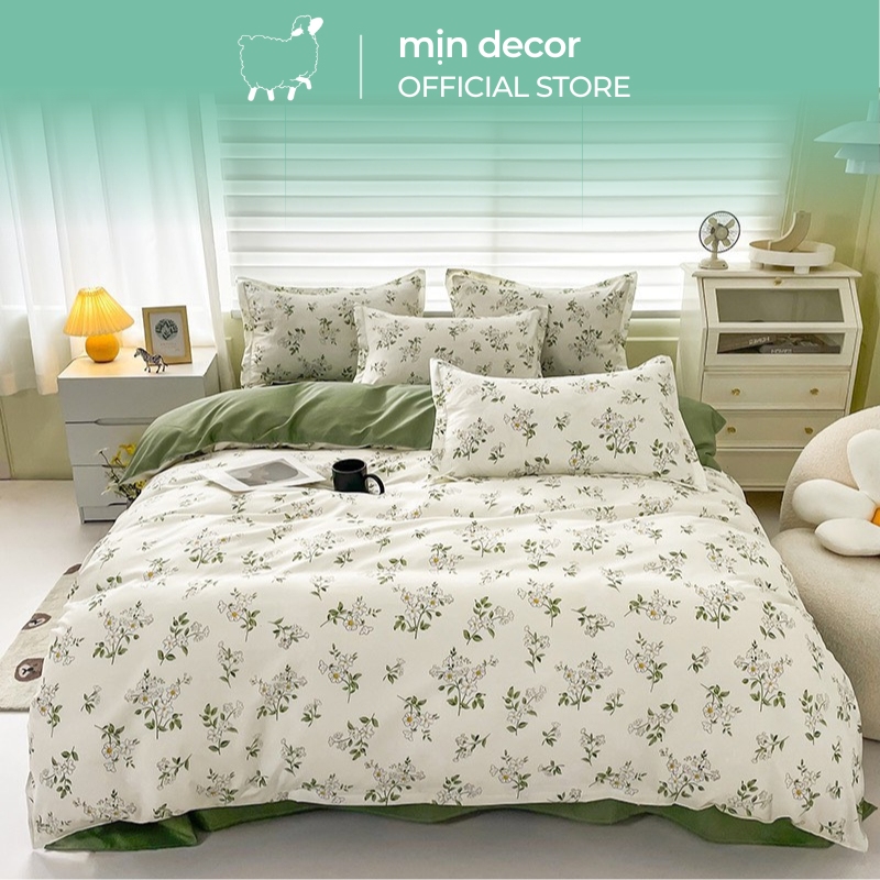 Bộ chăn ga gối cotton 3D MỊN DECOR bo chun trang trí phòng ngủ vintage - Hoạ tiết hoa lá dễ thương